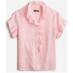 J Crew Pink 100% Linen Short Sleeve Feminine Ruffled Cottage Top Women's size 8